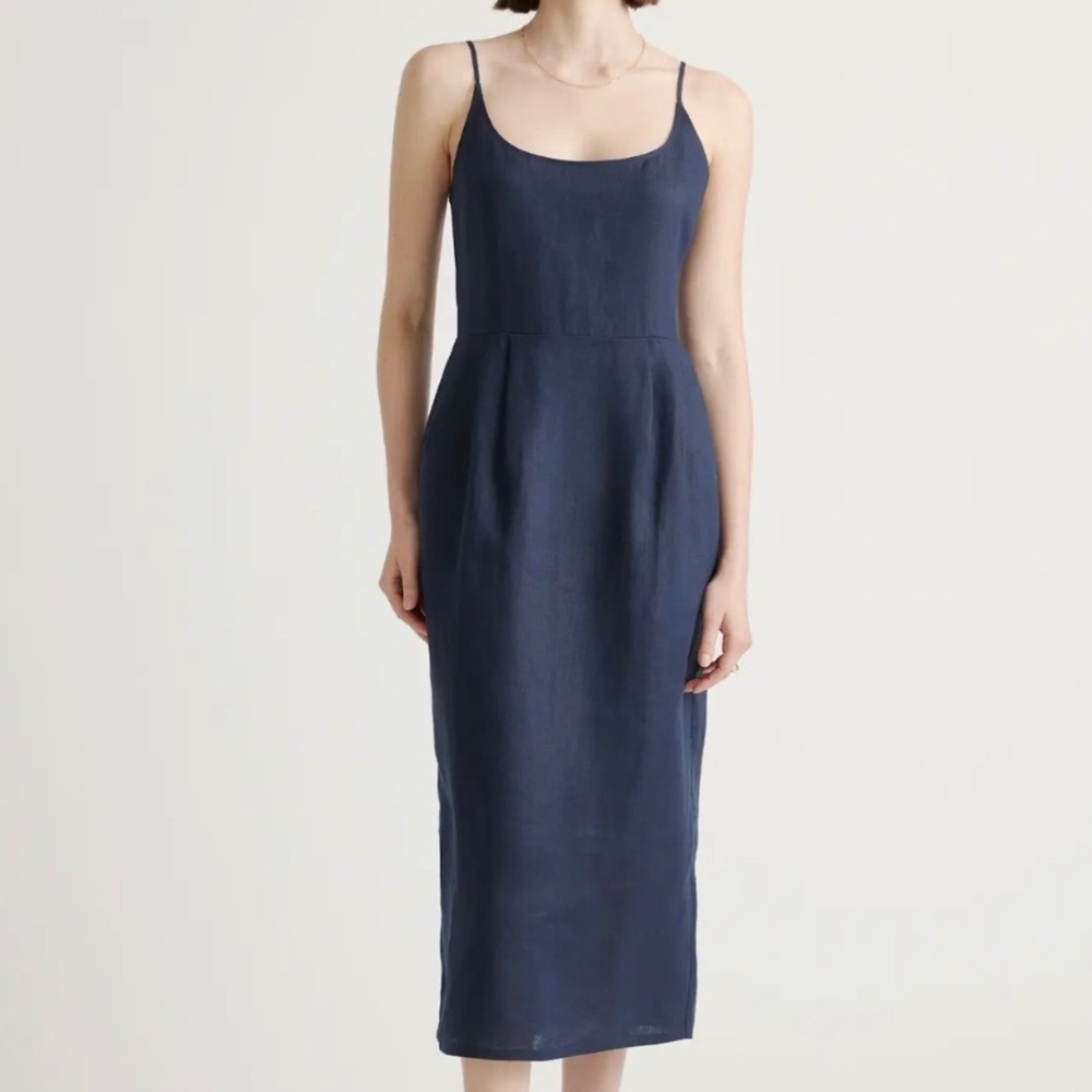 Quince Navy Blue 100% European Linen Scoop Neck Midi Dress with Pockets
